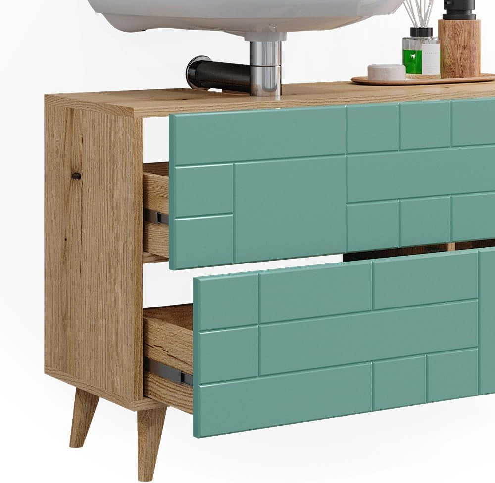 Mobile sottolavabo per bagno Rudi, Verde menta, 90 x 59 cm con 2 cassetti, con meccanismo push-to-open e struttura combinabile