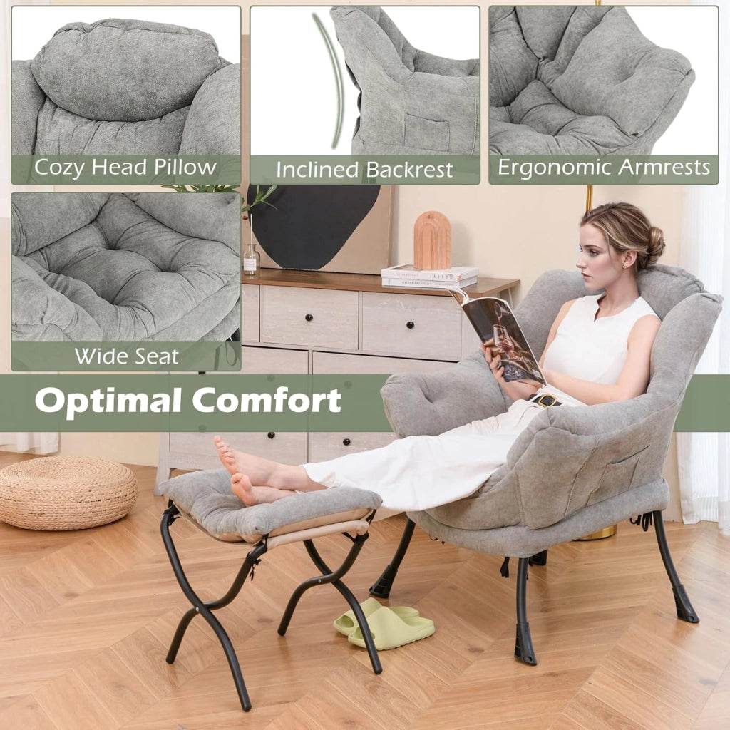 Poltrona per orecchie con sgabello, poltrona relax con braccioli e tasca laterale, per soggiorno, camera da letto e balcone, portata fino a 136 kg