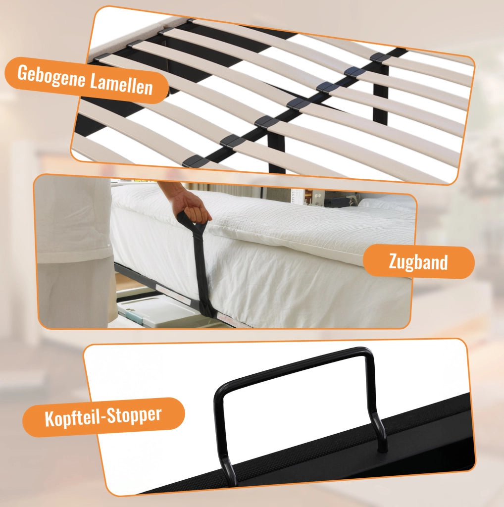 Letto imbottito 140x200 cm con contenitore, USB, portabicchieri e materasso