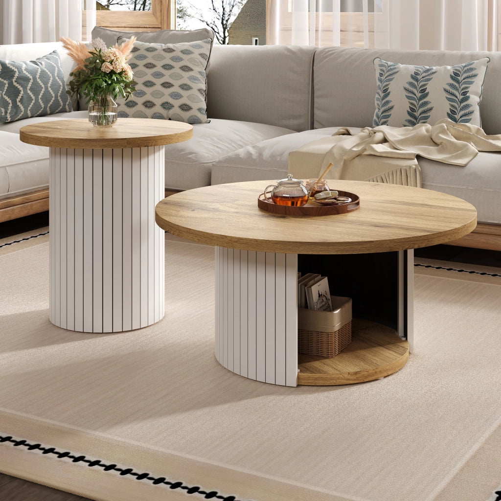 Tavolini da caffè rotondi ad incastro con ripiano; Stile Scandinavo; in MDF; Naturale; 75×75×50 cm + 45×45×35 cm