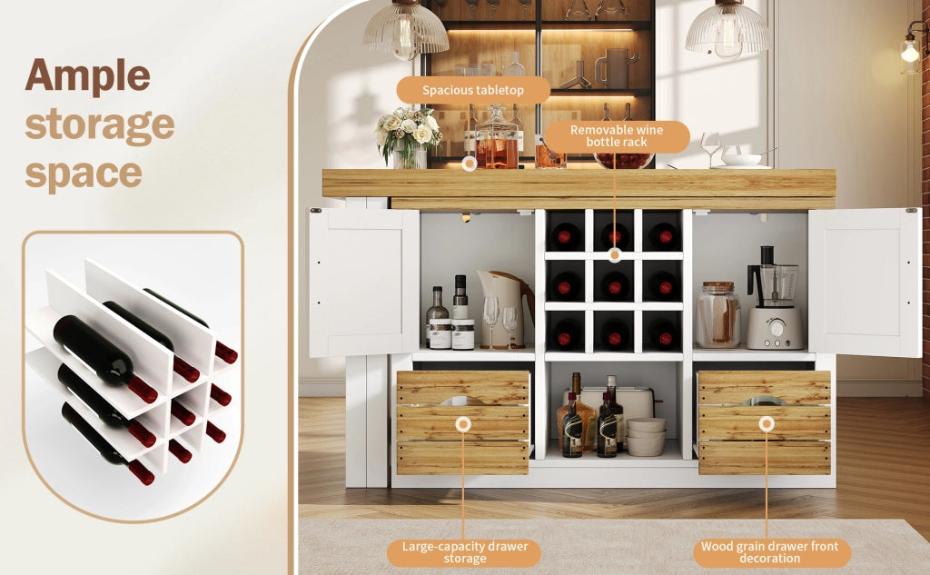 Tavolo da pranzo estensibile con madia, piano girevole a 360°, 1 cassetto e portabottiglie, per cucina, in MDF, bianco