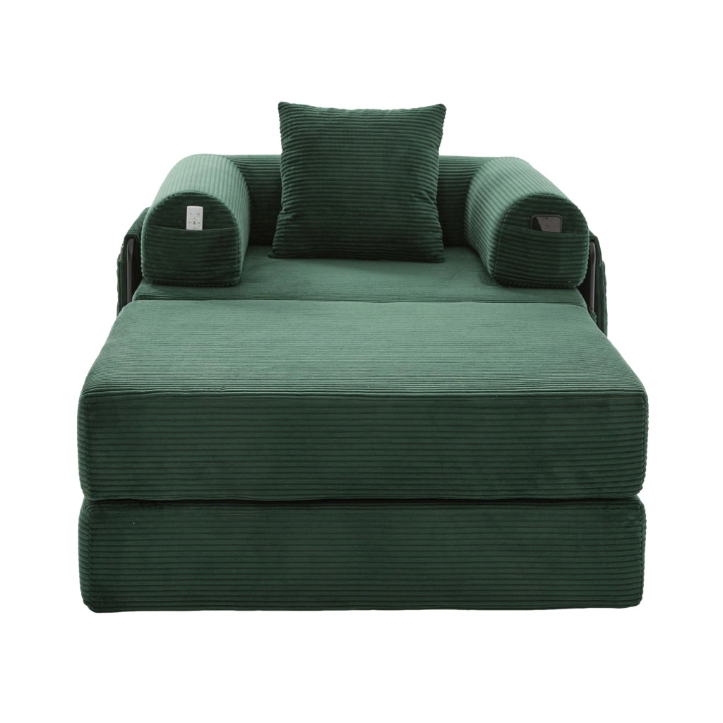 Divano modulare velluto a coste verde con pouf, cuscino e tasca laterale
