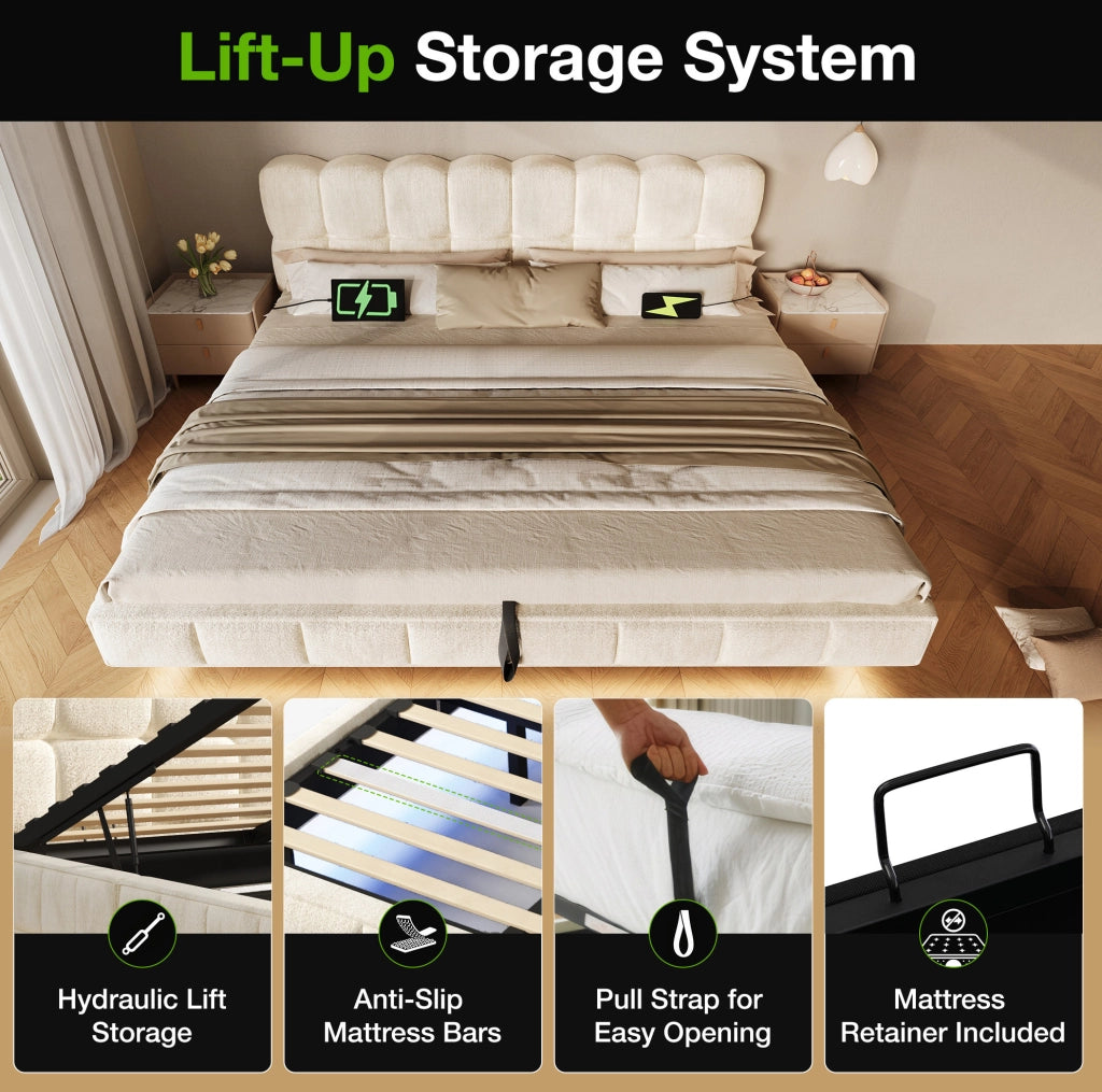 Letto matrimoniale contenitore 160x200 cm con LED e prese USB/Type-C in chenille beige