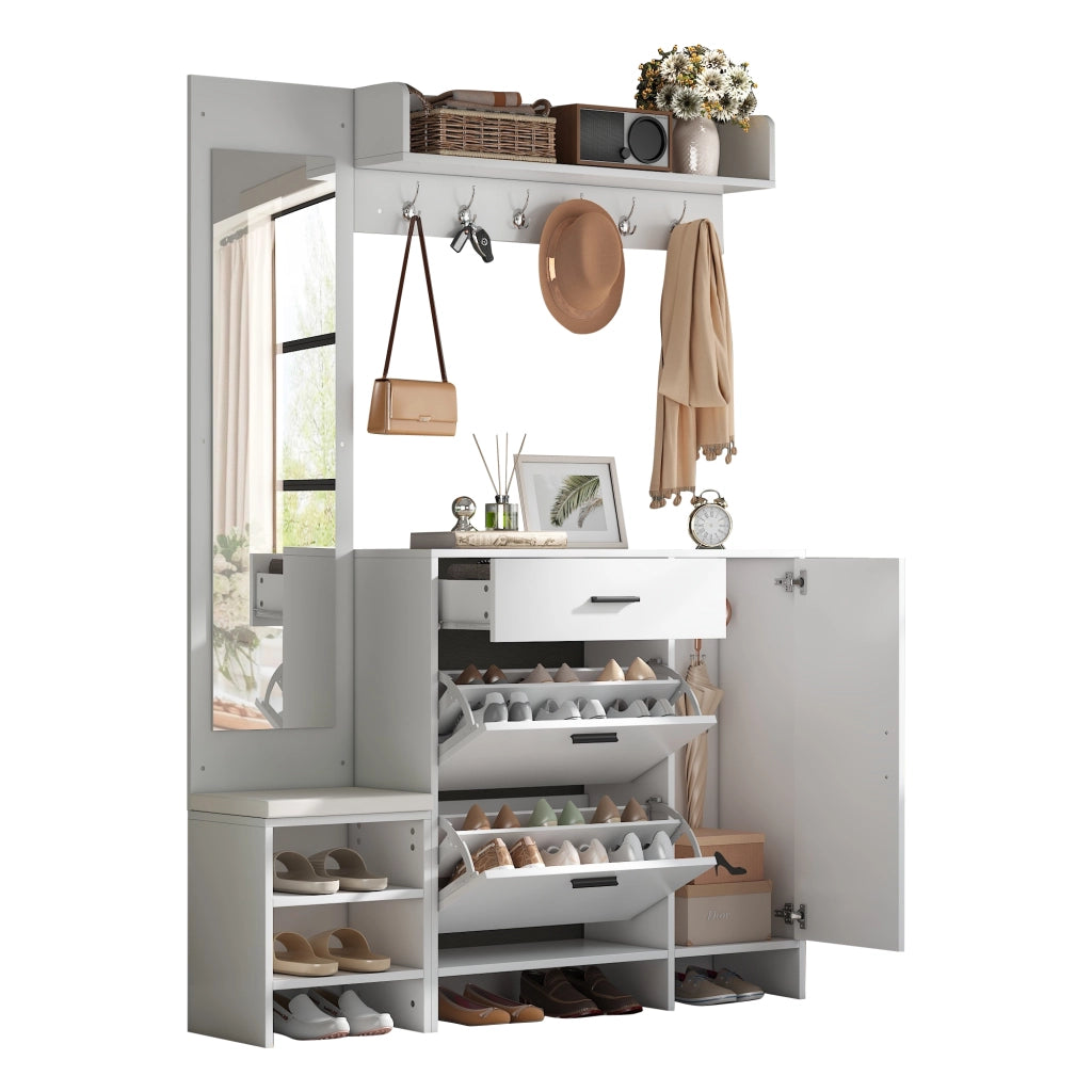 Mobile ingresso con 1 cassetto; 2 ante ribaltabili; 1 anta; 7 vani; 6 ganci; specchio e panca; per ingresso; 140 × 30 × 200 cm