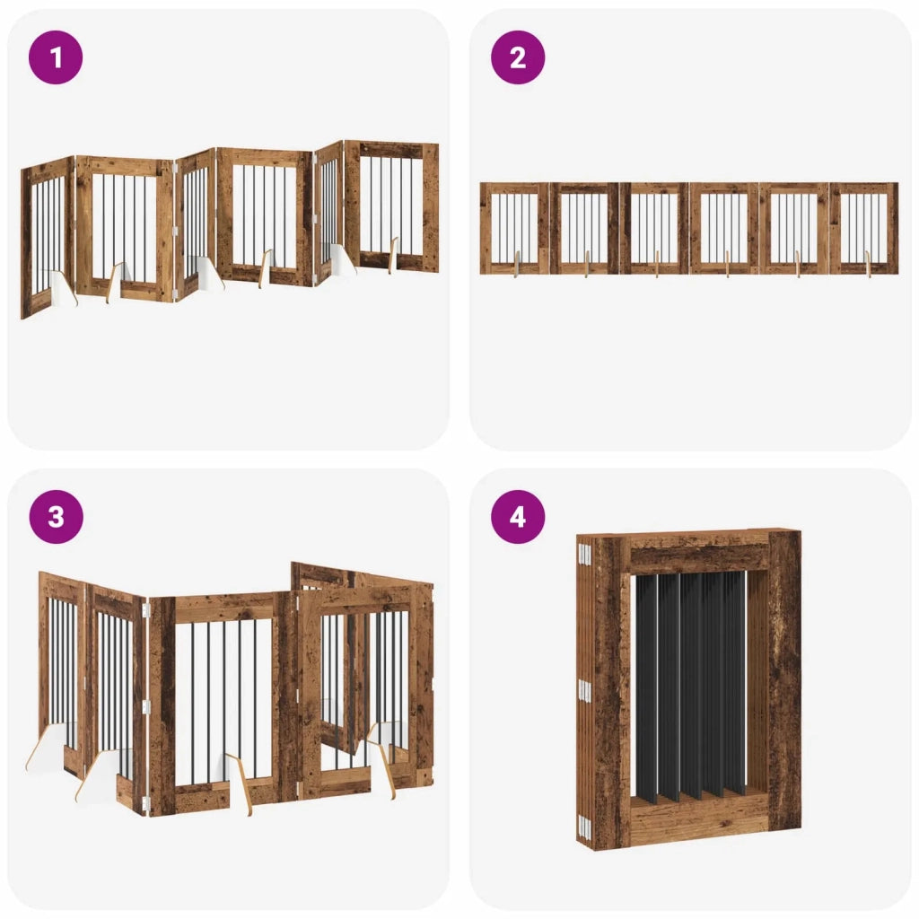 Cancello per cani pieghevole con supporti 6 pcs Legno antico 892107
