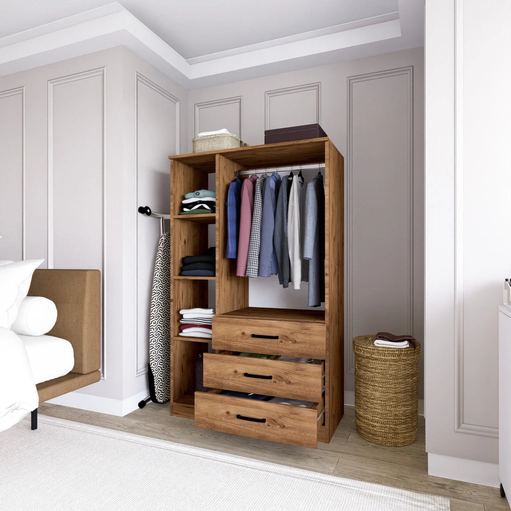 Armadio Camera da Letto Valdengo, Guardaroba 3 Ante 3 Ripiani, 90x47 cm Marrone Rovere