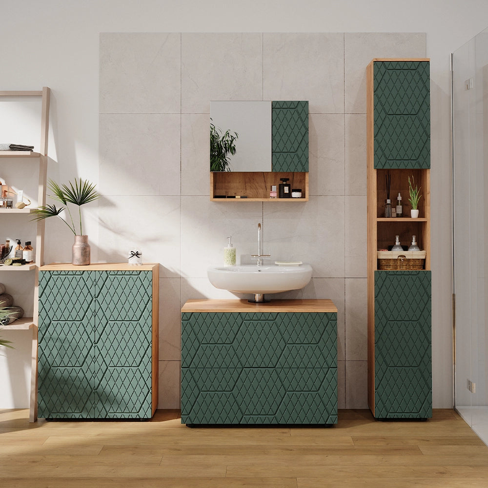 Vicco Set mobili bagno Quercia verde/oro 4 pezzi, con cassettiera e mobile midi
