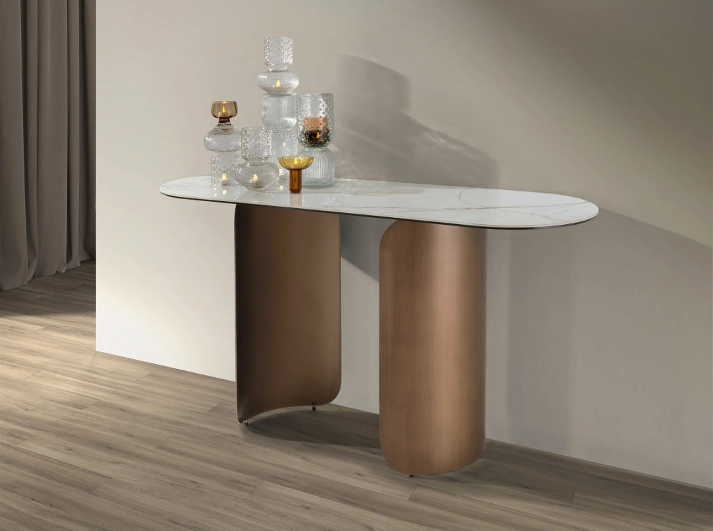 Consolle ovale a semicerchio in marmo porcellanato e acciaio color bronzo