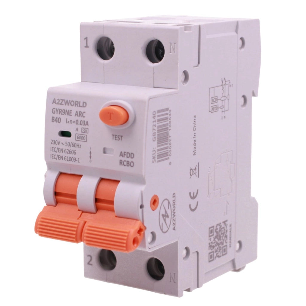 A2ZWORLD AFDD RCBO Interruttore Antincendio, Magnetotermico Differenziale con Rilevamento di Arco Elettrico, Tipo A Curva B, 1P+N 2M 6000A 30mA, AC 220V Doppia Leva GYR9NE-ARC (B40A)