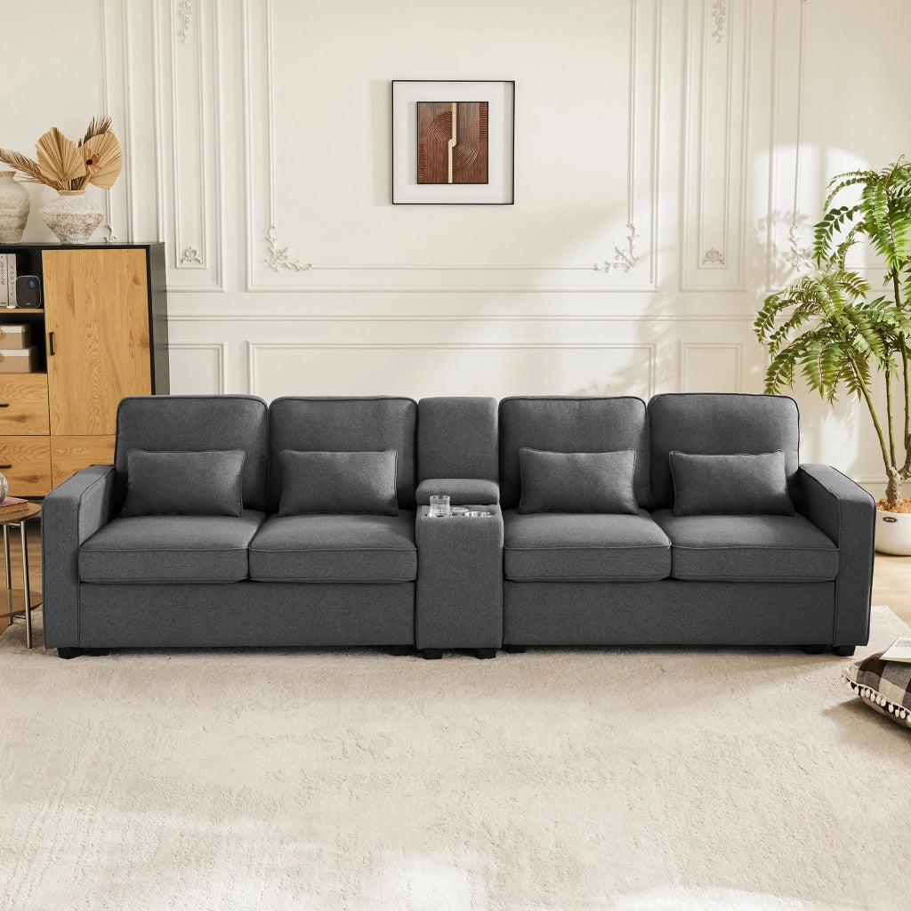 SOFA 4 posti 290x83x88 cm in lino grigio scuro con console, USB e 4 cuscini