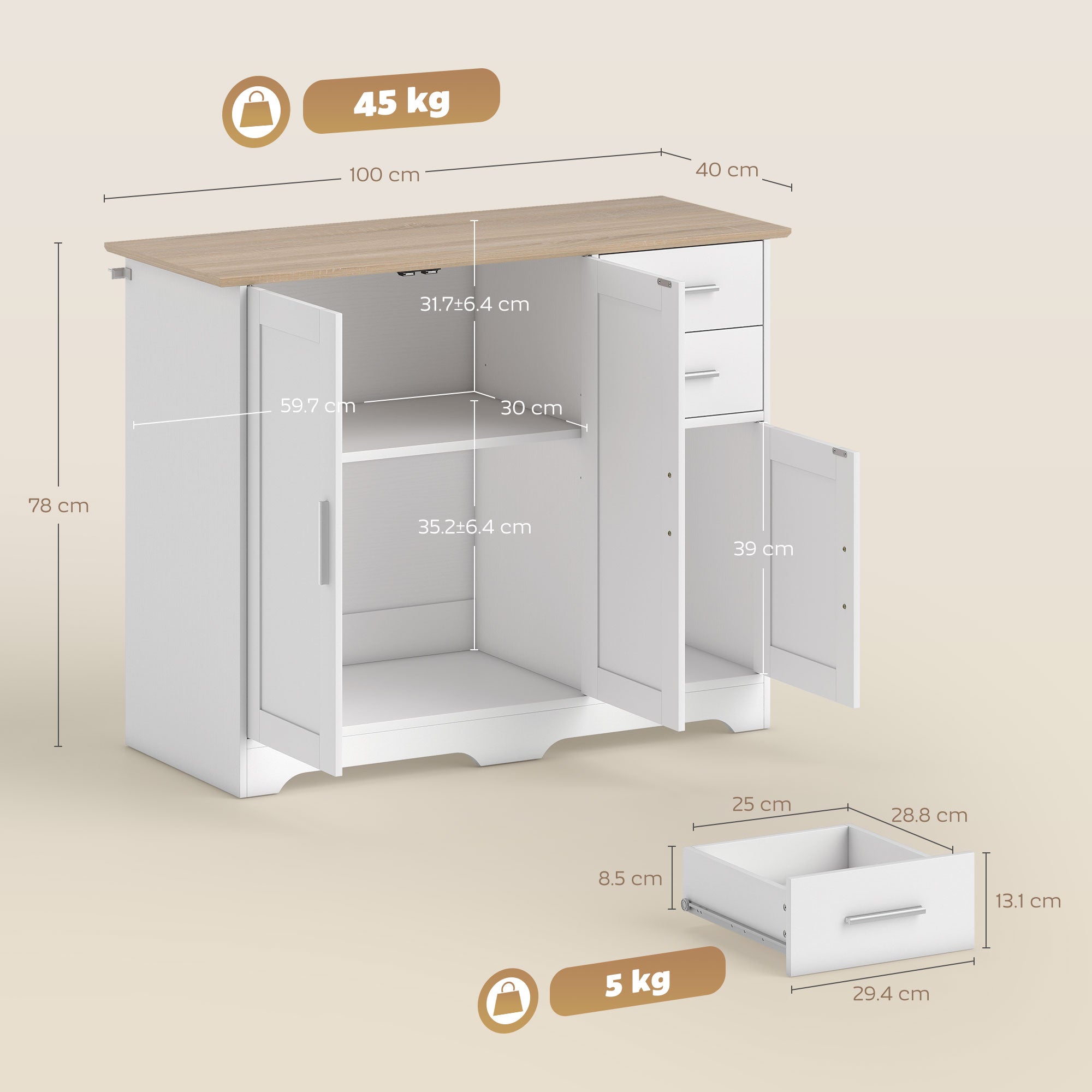 Credenza Moderna Buffet 100x40x78 cm con 2 Cassetti e 2 Armadietti in Legno Bianco e color Legno