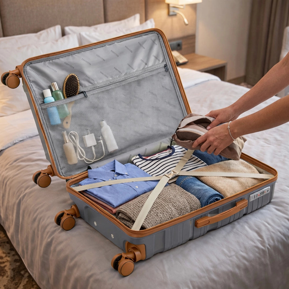 Set 4 Valigie Trolley da Viaggio con Beauty Rivestimento Rigido e Maniglia Telescopica in Polipropilene Grigio