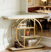 Console 105x30x80 cm bianca e dorata, 4 livelli, struttura in metallo e legno