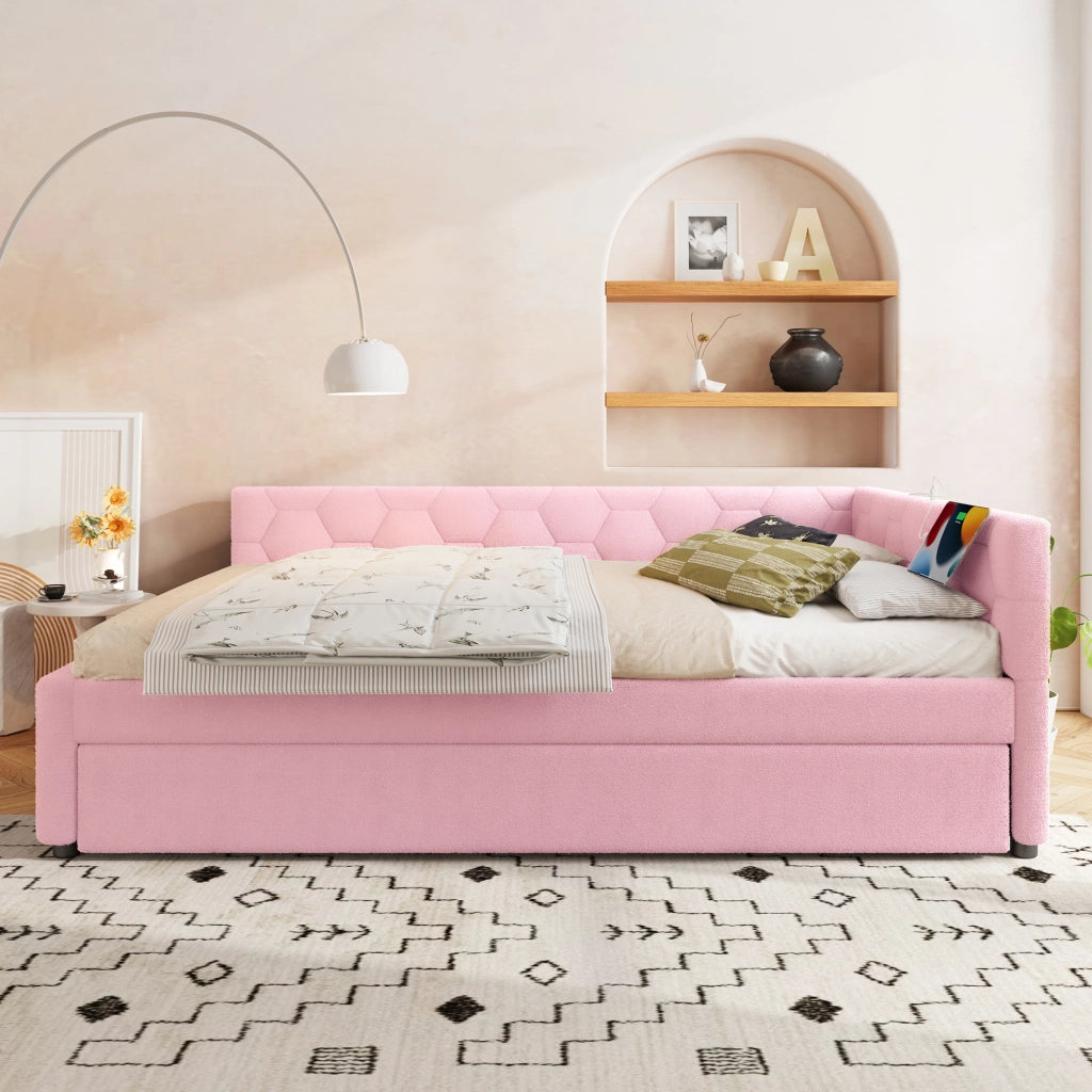 Letto 140x200 cm con letto estraibile; USB-C e luce da comodino; velluto rosa