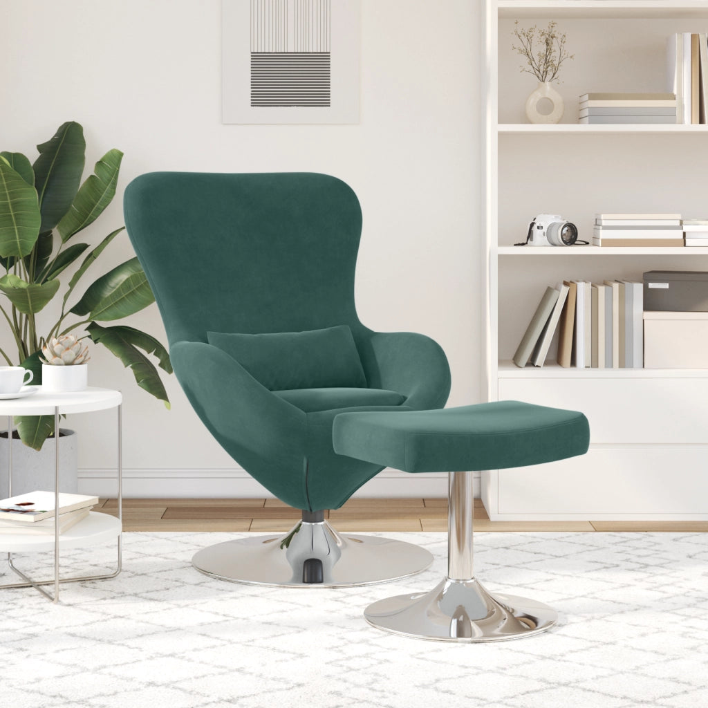 Poltrona a Uovo con Pouf in Velluto Verde Scuro