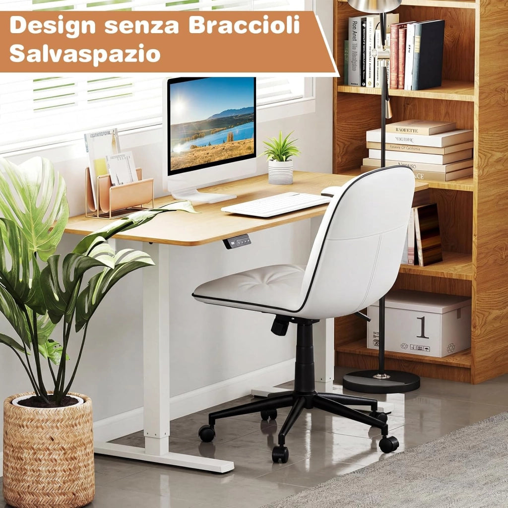 Sedia Scrivania Girevole a 360°, con Altezza Regolabile, Funzione Dondolo e Ruote Scorrevoli, Poltrona Ufficio Salvaspazio, Portata 112 kg (Bianco)