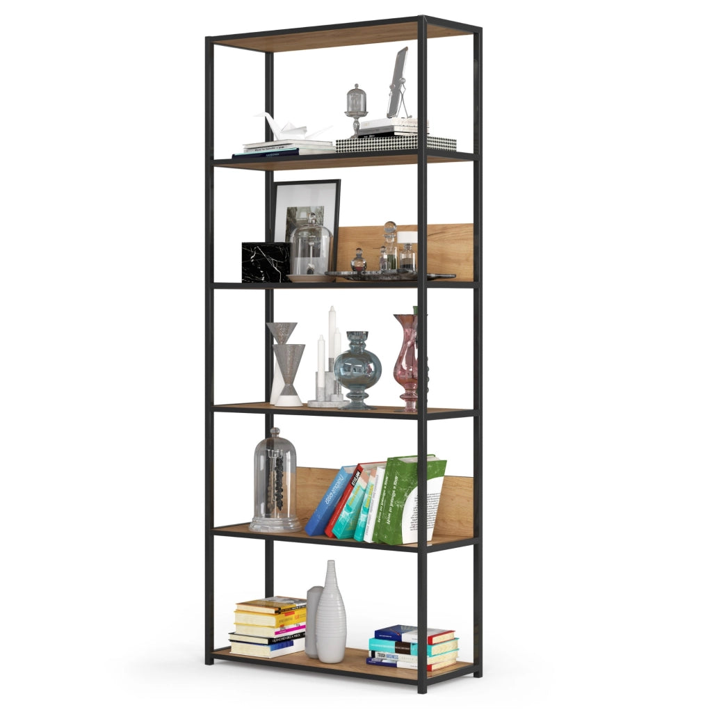Scaffale stile industriale con ripiani in legno 80 cm Nera, Quercia Craft 80x32x192 cm