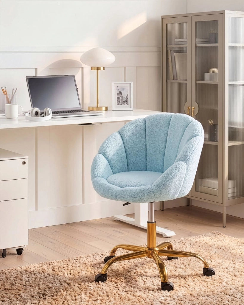Elegante sedia da ufficio girevole in tessuto bouclè azzurro con base regolabile in altezza Design moderno Home Office