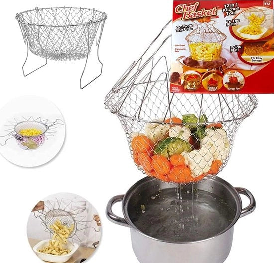 Frittura multifunzionale, in acciaio inossidabile 304, pieghevole, utensile da cucina flessibile per alimenti fritti, lavaggio di frutta e verdura