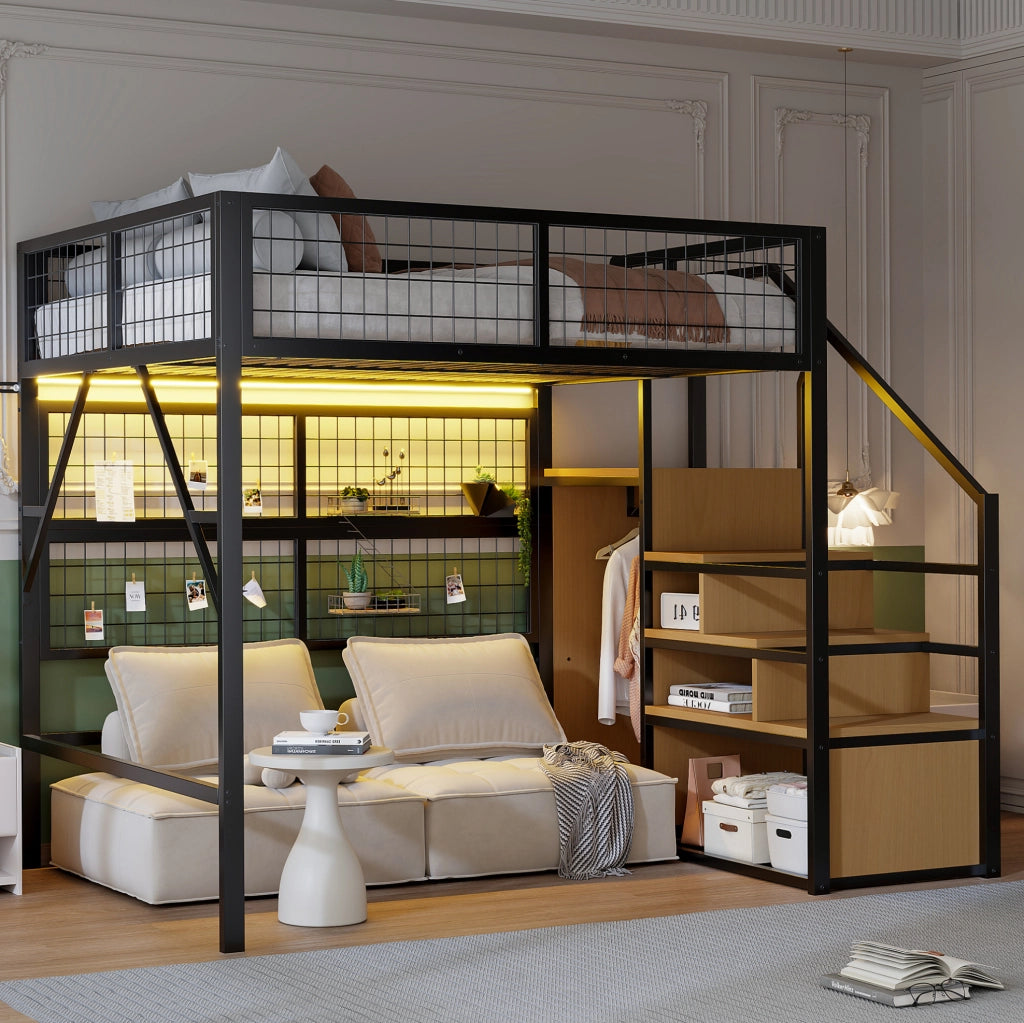 Letto a soppalco 140x200 cm in metallo con LED e scala