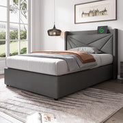 Letto singolo contenitore 90x200 cm con USB C e USB; testiera geometrica; grigio