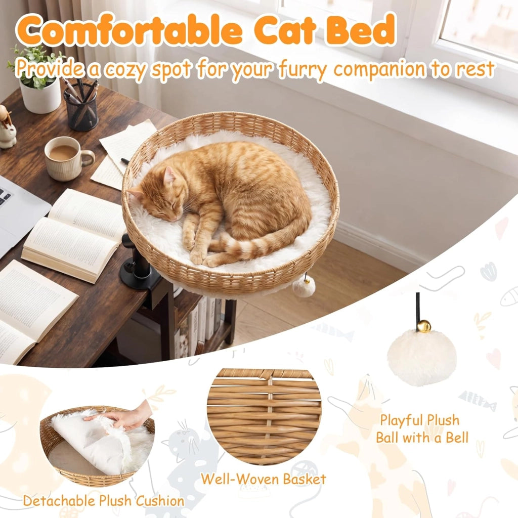 Cuccia per Gatti da Scrivania, Letto per Gatti Rotazione a 360° con Robusta Asta Metallica, Palla Sospesa e Cuscino Rimovibile, in PE Rattan e Peluche, Letto per Gatti da Casa ed Ufficio