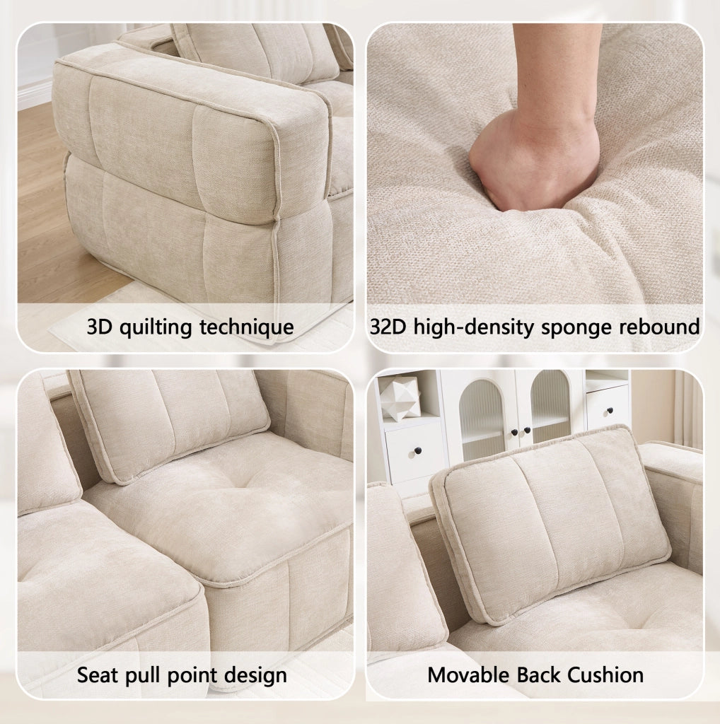 Divano modulare angolare a L 4 posti con pouf; seduta profonda in poliestere beige 344x162x67 cm