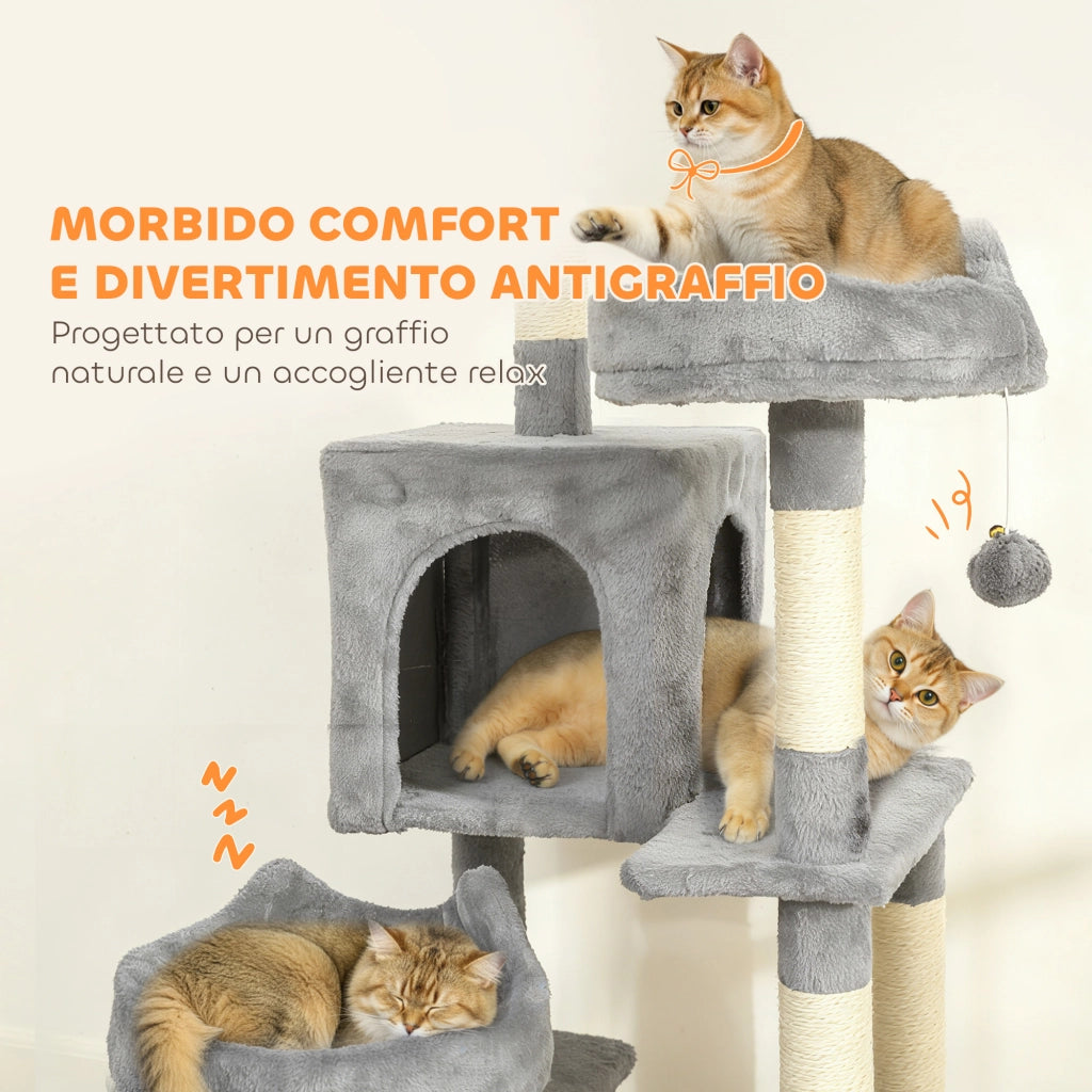 Albero per gatti con scala, 2 amache, 3 posatoi, 2 casette e 3 piattaforme ¨C zephmum ¨C Grigio e Crema, 48x48x192 cm
