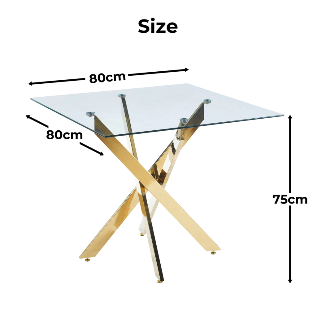 Tavolo da pranzo in vetro e metallo; stile moderno; colore dorato