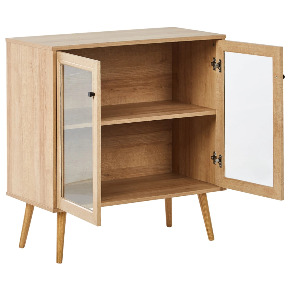 Credenza a 2 ante in truciolato marrone chiaro con gambe in legno di pino 1 ripiano con frontale in vetro Stile minimalista
