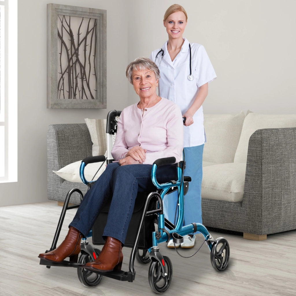 Rollator 2 in 1 per anziani con schienale reversibile manici regolabili ruote da 19,5cm, Deambulatore pieghevole Blu-Salute e bellezza