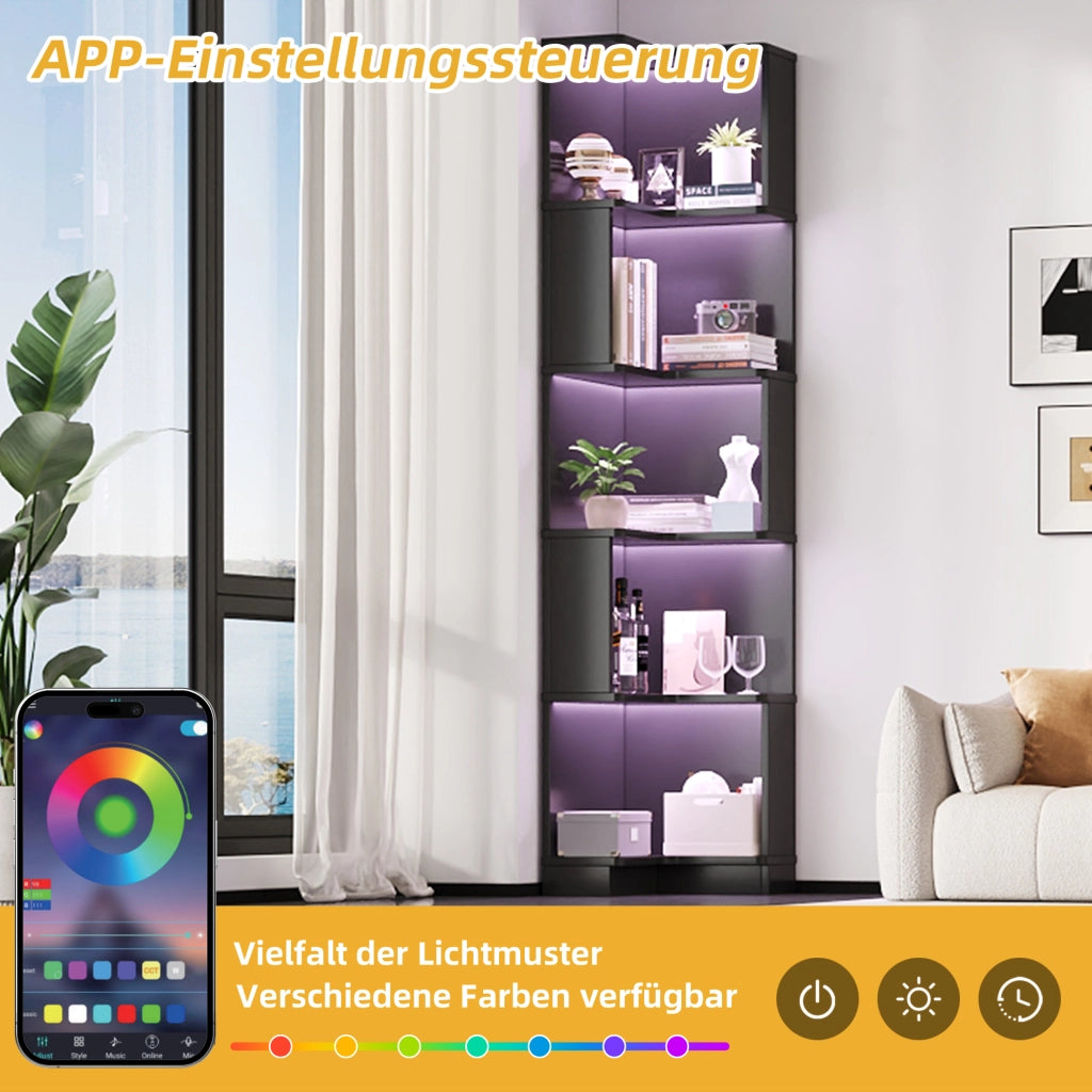 Libreria angolare con LED controllabile via app, 5 ripiani, per studio e ufficio, in MDF, nero, 63,5 × 45 × 175 cm