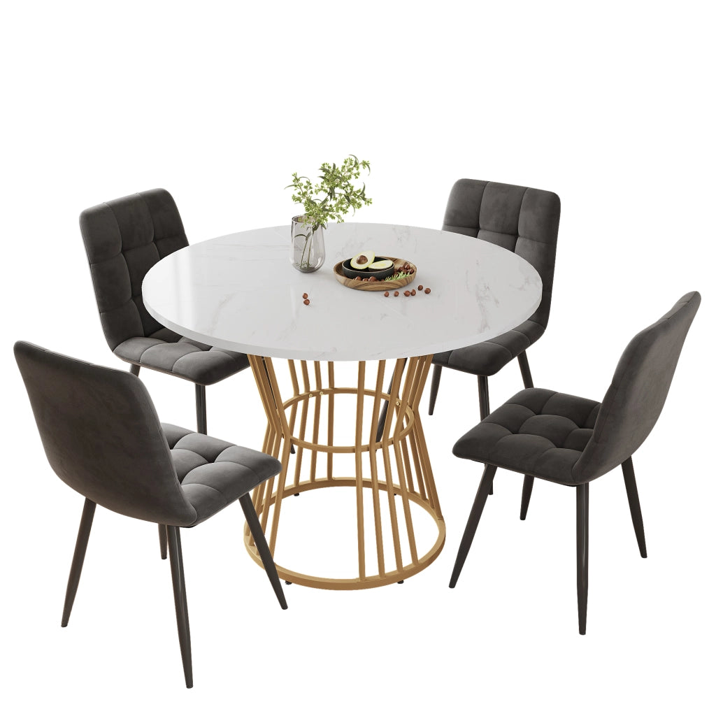 Tavolo da pranzo rotondo per 4 persone con 4 sedie in velluto e piano effetto marmo per cucina 100 × 75 cm