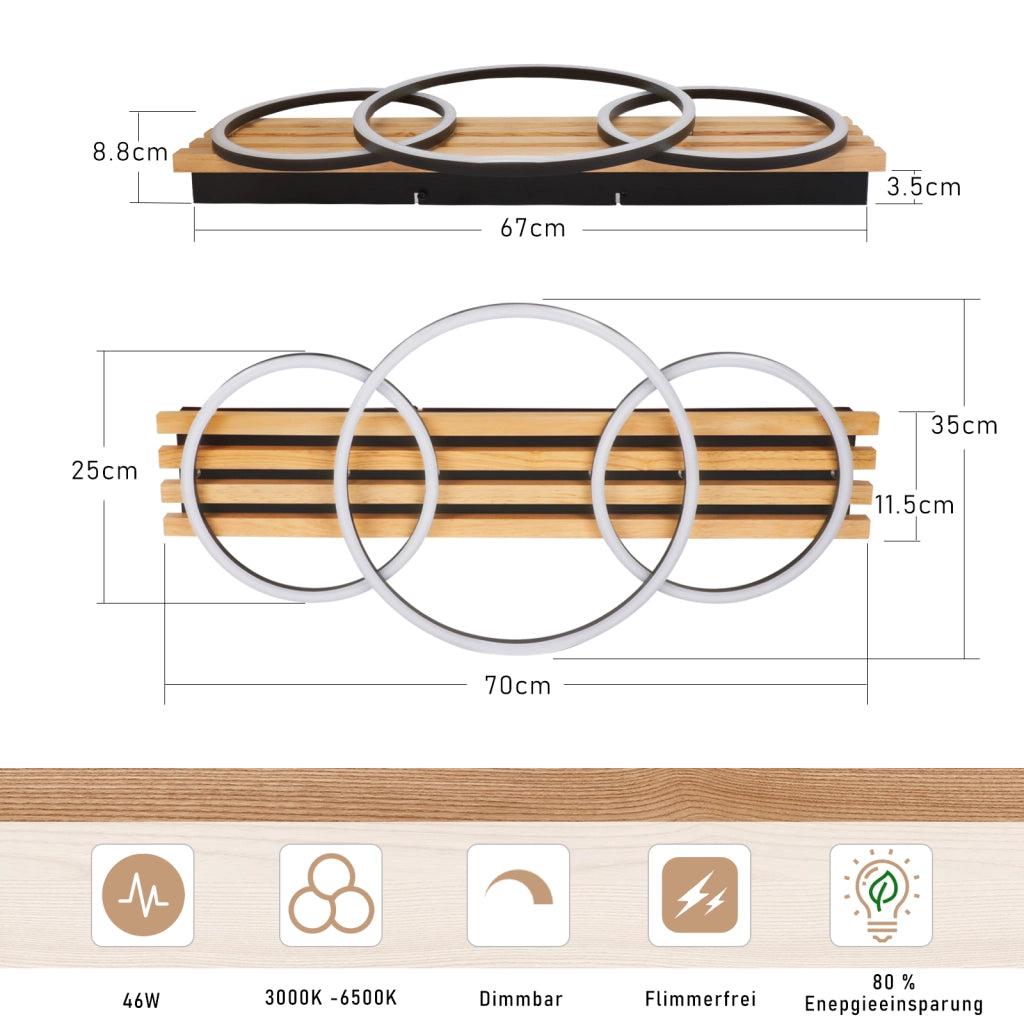 ZMH Lampada da soffitto plafoniera LED legno dimmerabile 70cm 46W 3 anelli design moderno nero telecomando per soggiorno