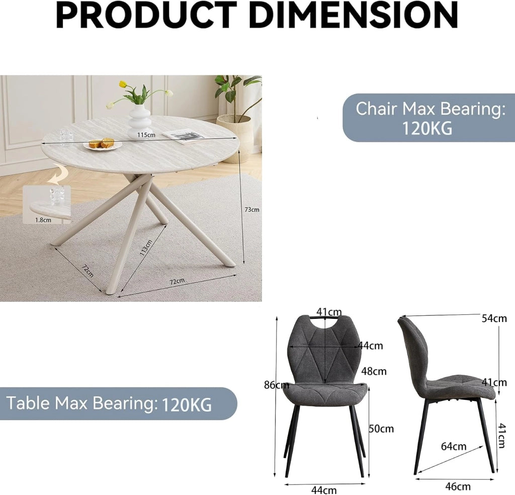 GrandCA HOME Set Tavolo da Pranzo e Sedie Tavolo da Pranzo Rotondo da 115 cm e 4 Sedie Moderne in Lino Per Sala da Pranzo, Cucina, Soggiorno（Grigio Chiaro + Cenere）