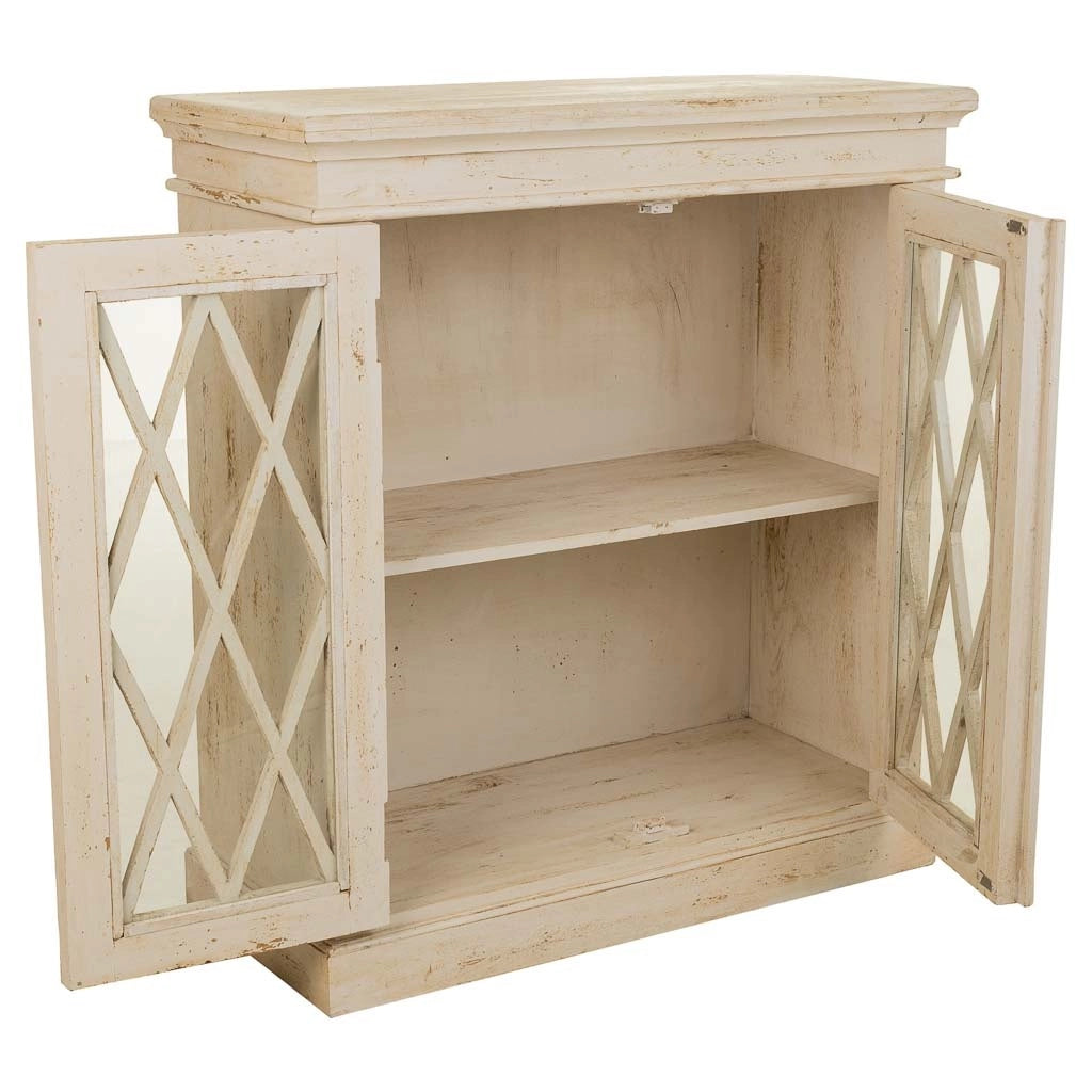 Mobile da ingresso in legno e vetro bianco lavorato a mano 90x40x100h