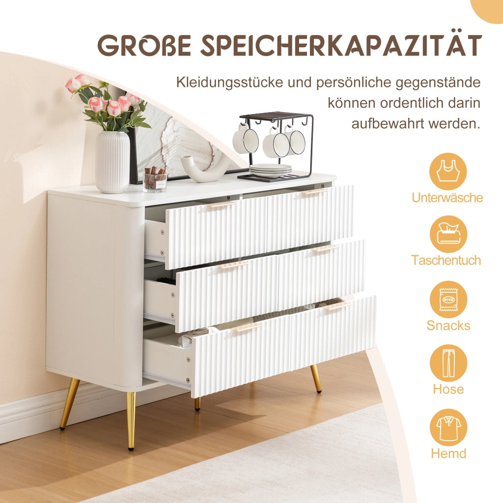 Cassettiera con 6 cassetti e guide ammortizzate, maniglie in metallo, per camera da letto, bianco, 105 × 40 × 80 cm
