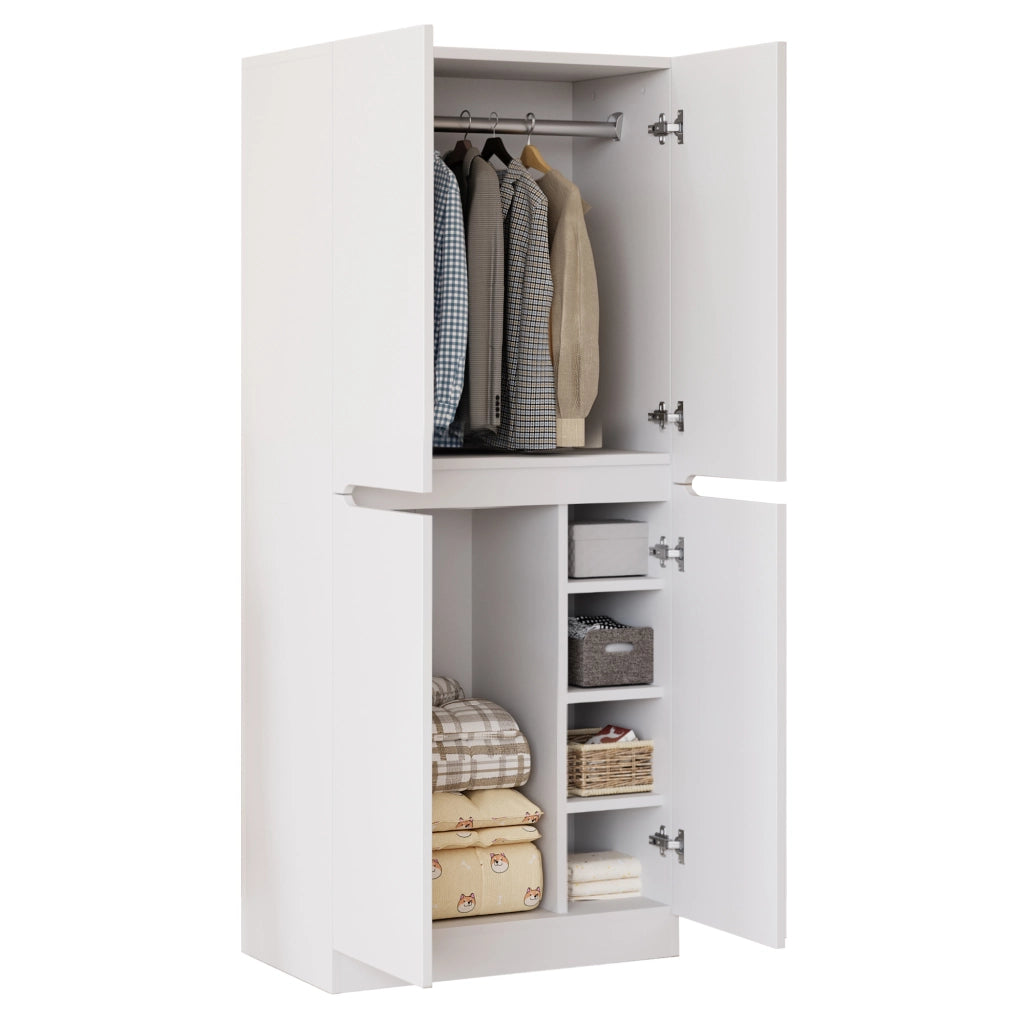 Armadio Guardaroba Bianco 70×40×170 cm con 2 Ante; Ripiani Portaoggetti e Ampio Spazio per Camera da Letto