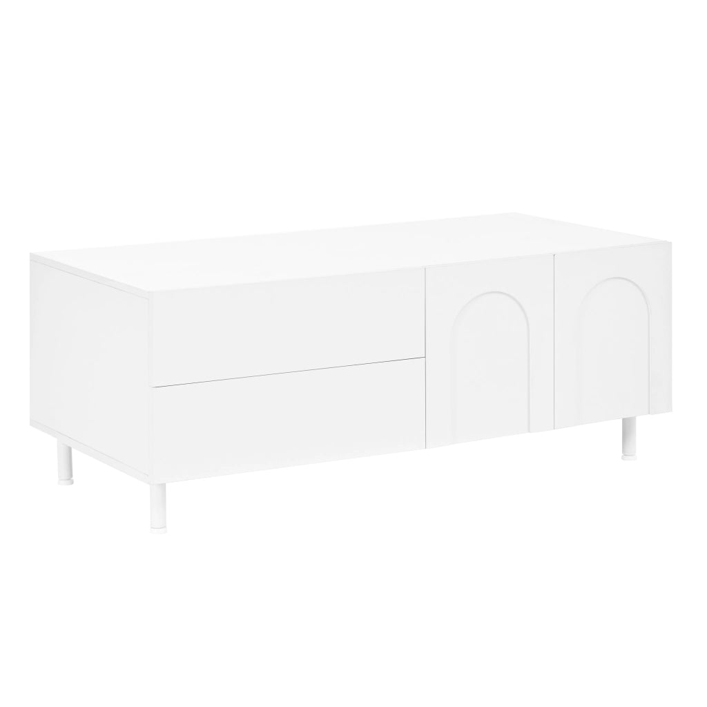 Tavolino basso con 2 cassetti e 2 ante vano chiuso per soggiorno in MDF e truciolare bianco 100 × 50 × 39,5 cm