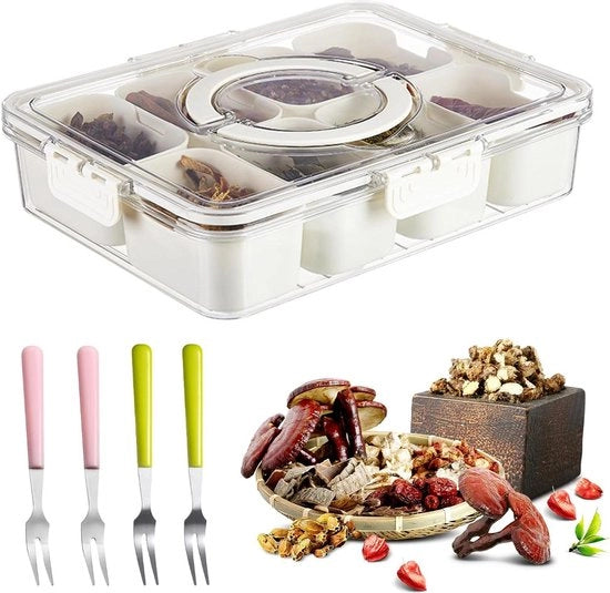 Scatola per snack con coperchio - 8 compartimenti snack con lattina rimovibile - 28 x 21 cm - scatola per snack con divisione - contenitore per snack con maniglia - biscotti snack verdure noci
