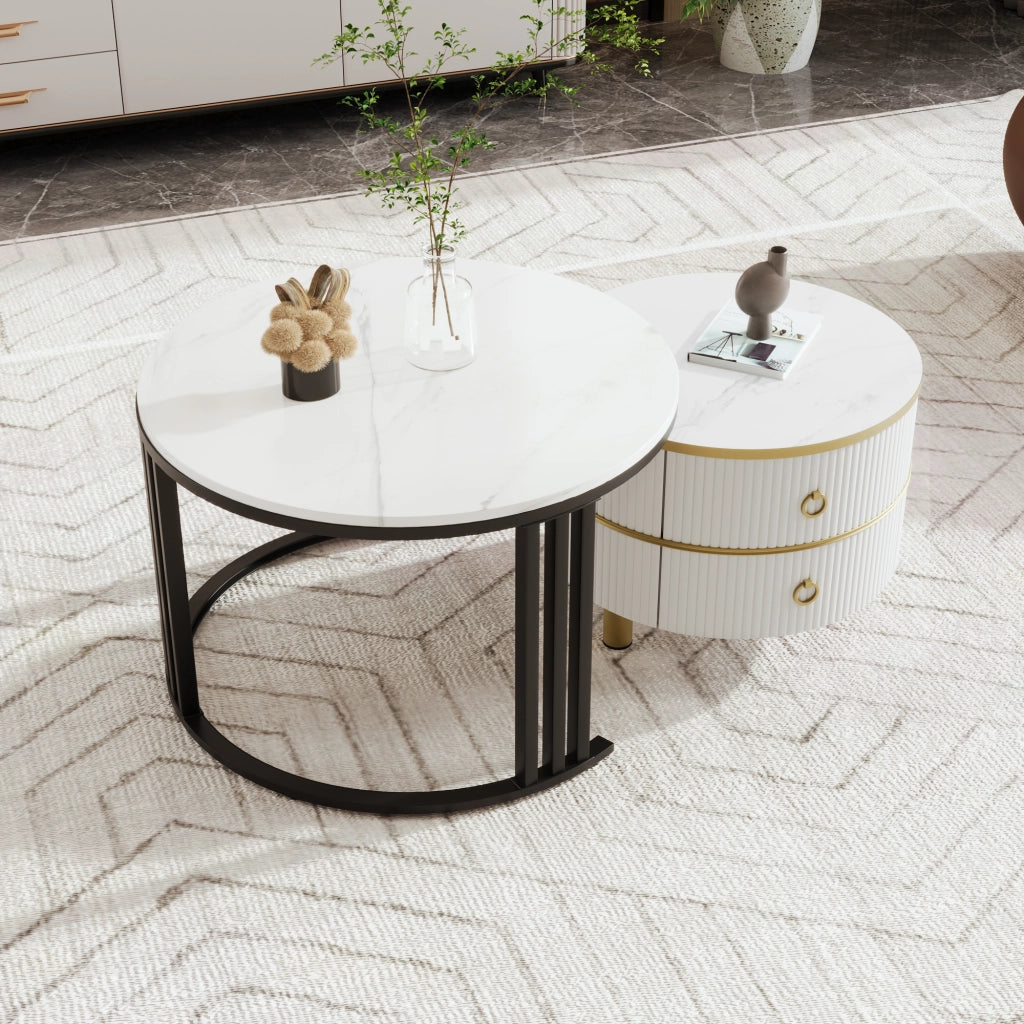Tavolino da Caff¨¨ Rotondo MDF Set 2 Pezzi con Cassetti ¨C MINIMAL ¨C Bianco Marmo, 70x70x46 + 50x50x40 cm