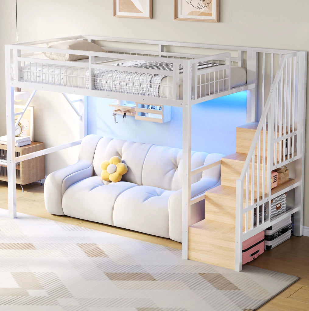 Letto a soppalco 90x200 cm bianco in metallo e MDF con LED e gradini contenitore
