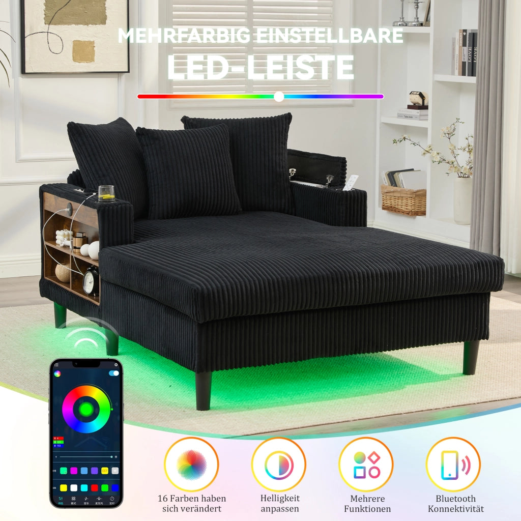 CHAISE LONGUE 129x170x70 cm in corduroy nero con LED e USB
