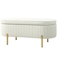 Panca Contenitore Ovale da 72L con Coperchio Sollevabile, in Tessuto Vellutato e Legno, 108x44x43.5 cm, Crema