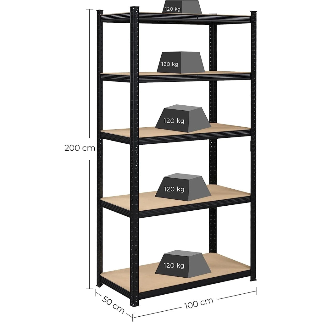 Scaffalatura metallica per carichi pesanti 200 x 100 x 50 cm 5 ripiani portata totale 875 kg (175 kg/ripiano) ripiani regolabili per garage/cantina nero 12_0005591