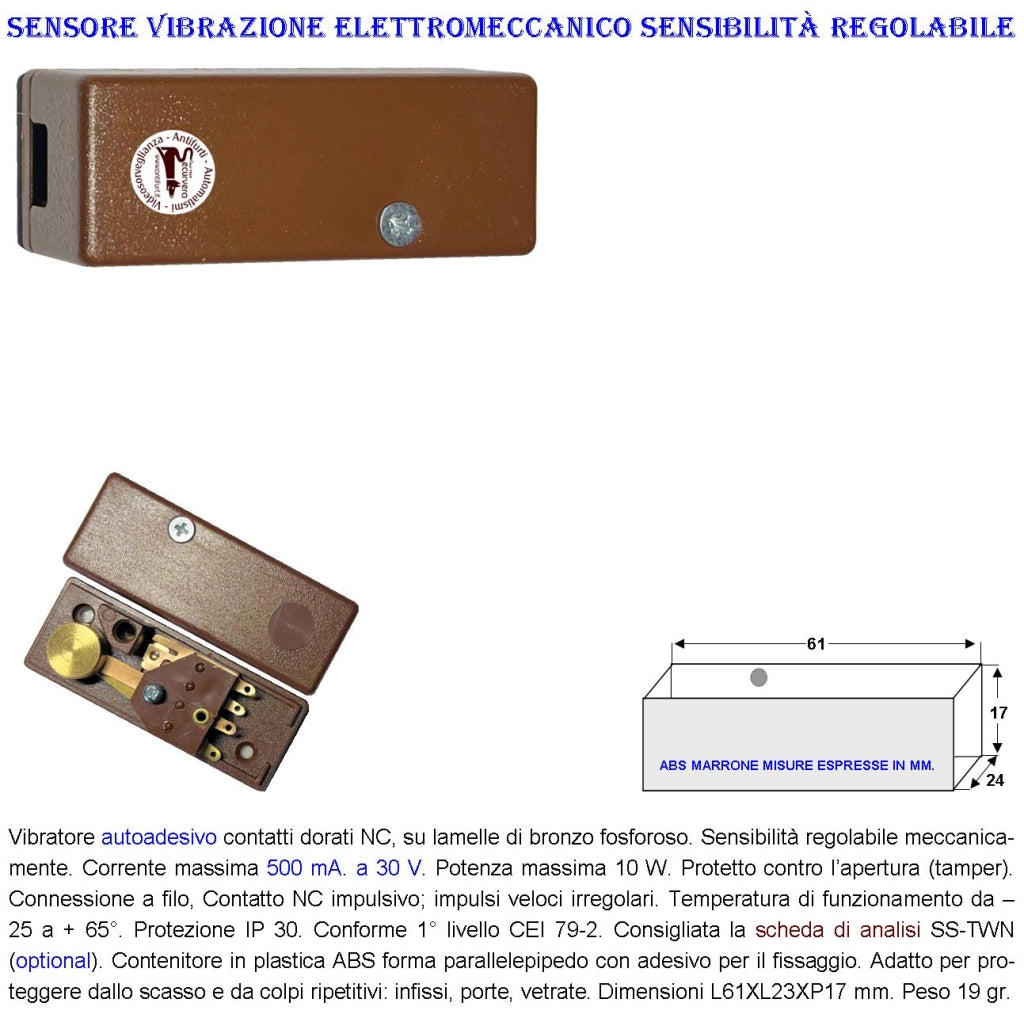 Sensore Adesivo Rileva lo Scasso le Vibrazioni Continue Collegamento Via Filo Per Antifurto Inferriate Infissi Vetrate Martelletto Regolabile Contatto Allarme NC Tamper Contenitore ABS Marrone IP30