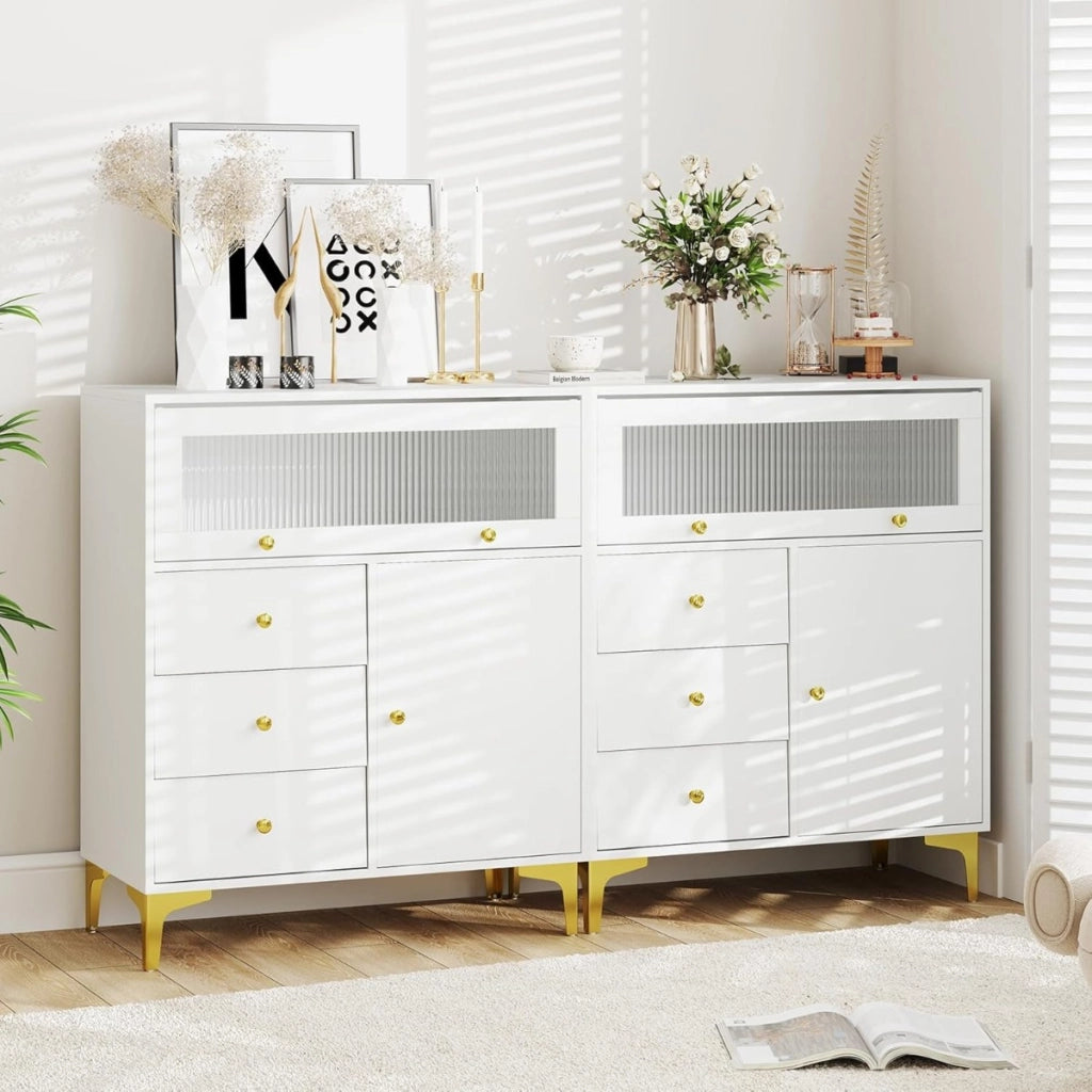 Com¨° per camera da letto con design antiribaltamento, Mobile moderno con porta in vetro a ribalta e cassetti estraibili Bianco-Cassettiere
