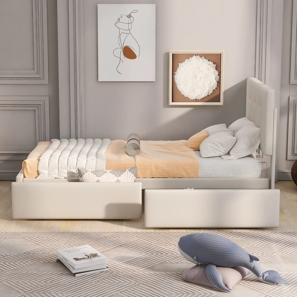 Letto imbottito con cassetti singolo 90×200 cm con rete e testiera; senza materasso; velluto; beige
