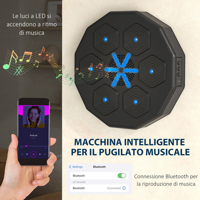Macchina da Boxe a Parete 40x40x7,5 cm Punch Boxe con Connessione Bluetooth e Luci in PE e PU Nero