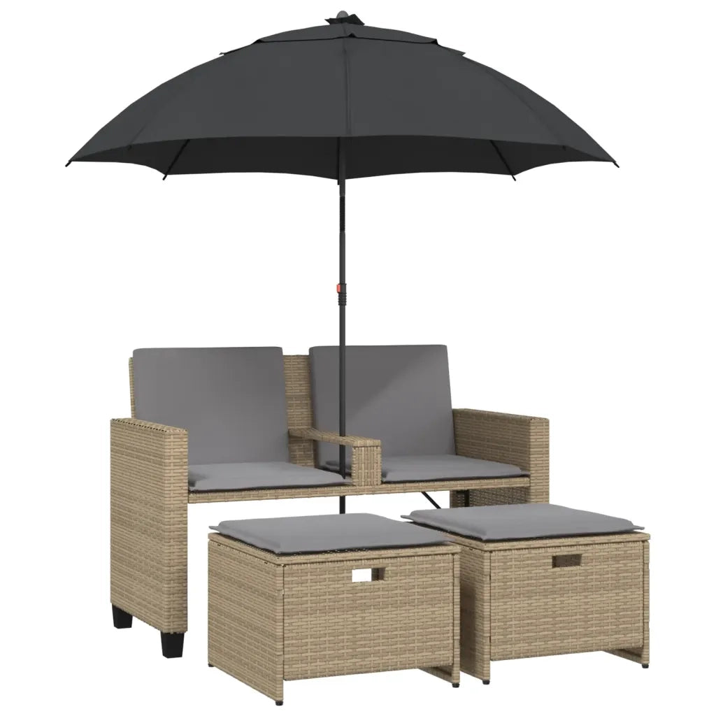 vidaXL Divano Giardino 2Posti Ombrellone e Sgabelli Beige Polyrattan